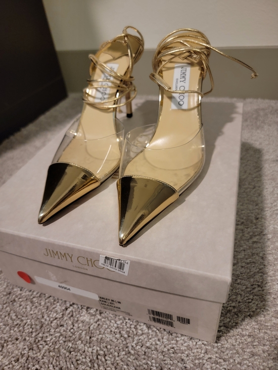 Jimmy Choo Shoes - Jimmy Choo Farley Gold Pointed Toe Clear Lace-Up Pumps